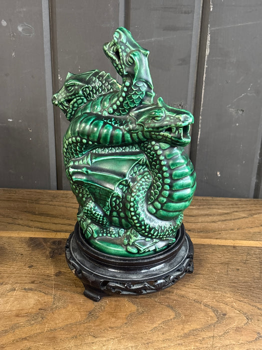 GREEN PORCELAIN DRAGON WITH WOOD BASE
