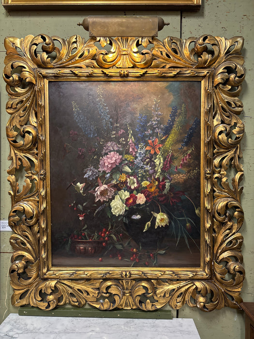 LARGE ORNATE GILT FRAMED ANTIQUE FLORAL PAINTING - SIGNED CAMILLA GÖBL WAHL