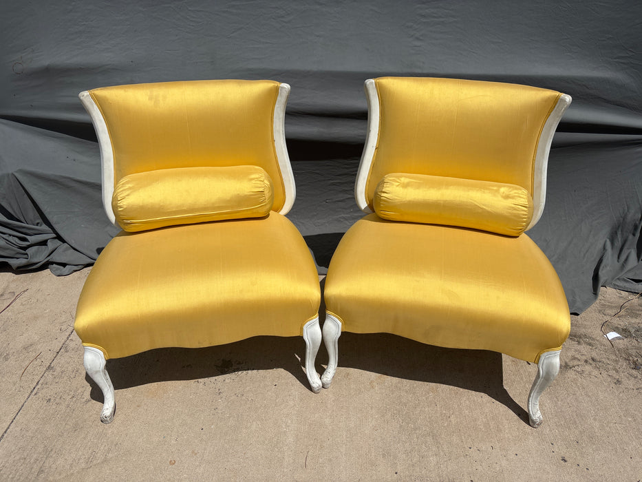 PAIR OF YELLOW SLIPPER CHAIR WITH BOULSTER PILLOWS