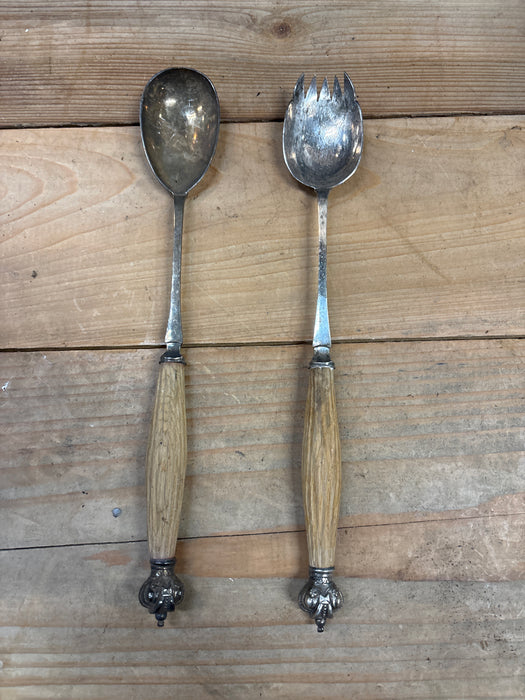 SILVERPLATE SALAD SPOON AND FORK WITH CARVED WOOD HANDLES