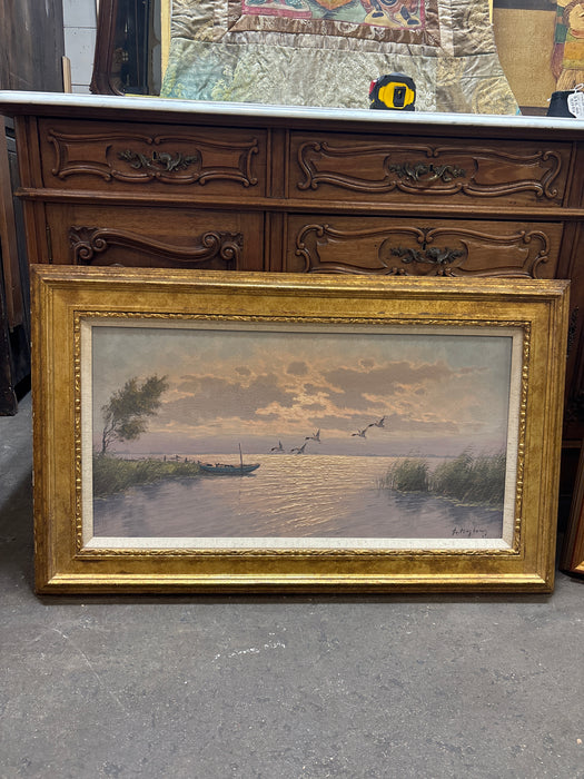 GOLD FRAMED 20TH CENTURY OIL PAINTING OF GEESE ON LAKE WITH LINEN FILET