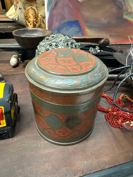 ENAMEL INCISED INDIAN BRASS TEA CANISTER