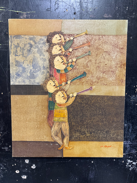 UNFRAMED PRINT ON CANVAS OF TRUMPETERS - SIGNED J. ROYBAL