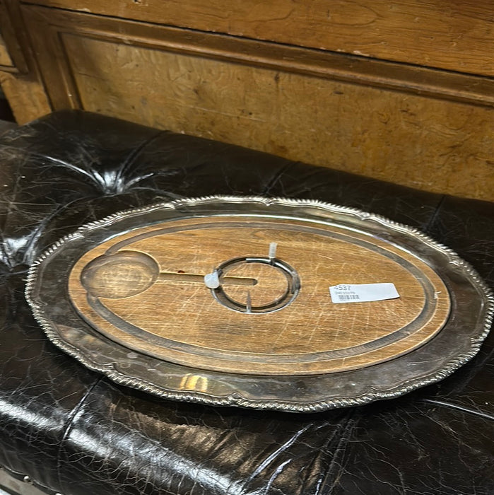 SILVERPLATE AND WOOD MEAT TRAY