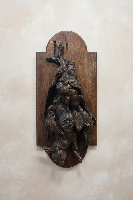 PAIR OF LARGE CARVED WOOD MORT BIRDS AND RABBIT PANELS