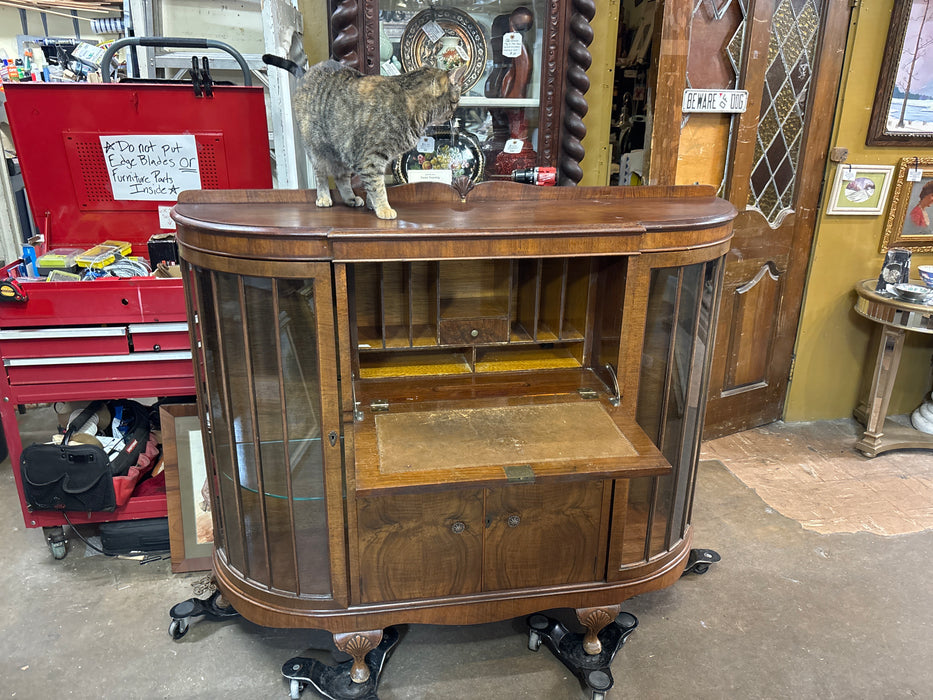 ENGLISH WALNUT QUEEN ANNE SECRETARY WITH SIDE CURIO CABINETS