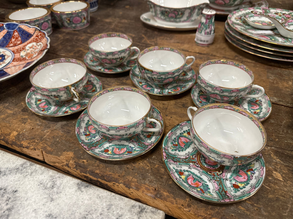 SET OF 6 ROSE FAMILLE CHINA TEA CUPS AND SAUCERS