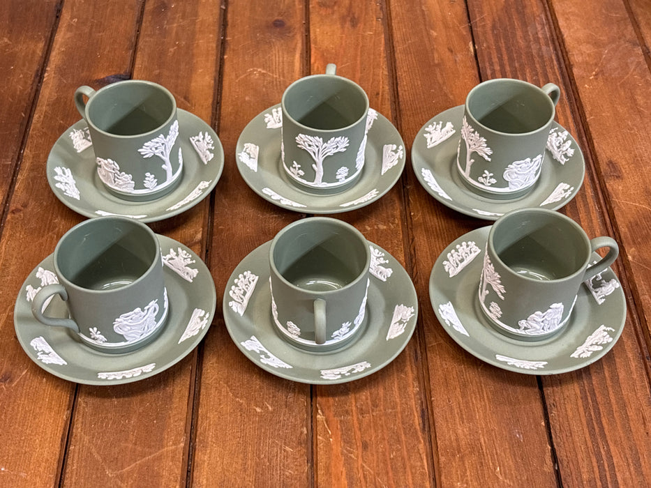 SET OF 6 TINY GREEN AND WHITE ENGLISH WEDGWOOD JASPER WARE TEA CUPS