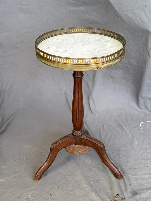 BRASS GALLERIED MARBLE TOP OAK PEDESTAL TABLE