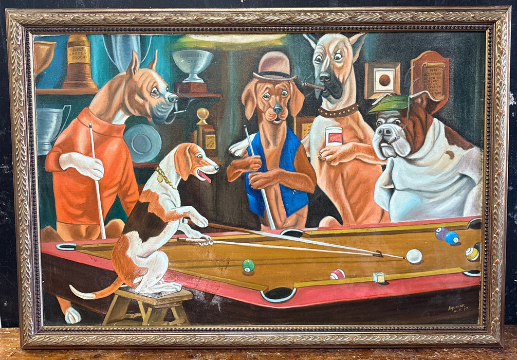 CARVED BRONZE GILT FRAMED PAINTING OF DOGS PLAYING POOL - SIGNED AQUMAR R. P. 77
