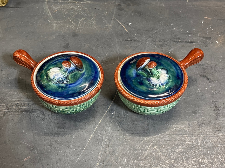 PAIR OF SMALL BROWN, GREEN, AND BLUE MUSHROOM TOP MAJOLLICA DISHES WITH HANDLES