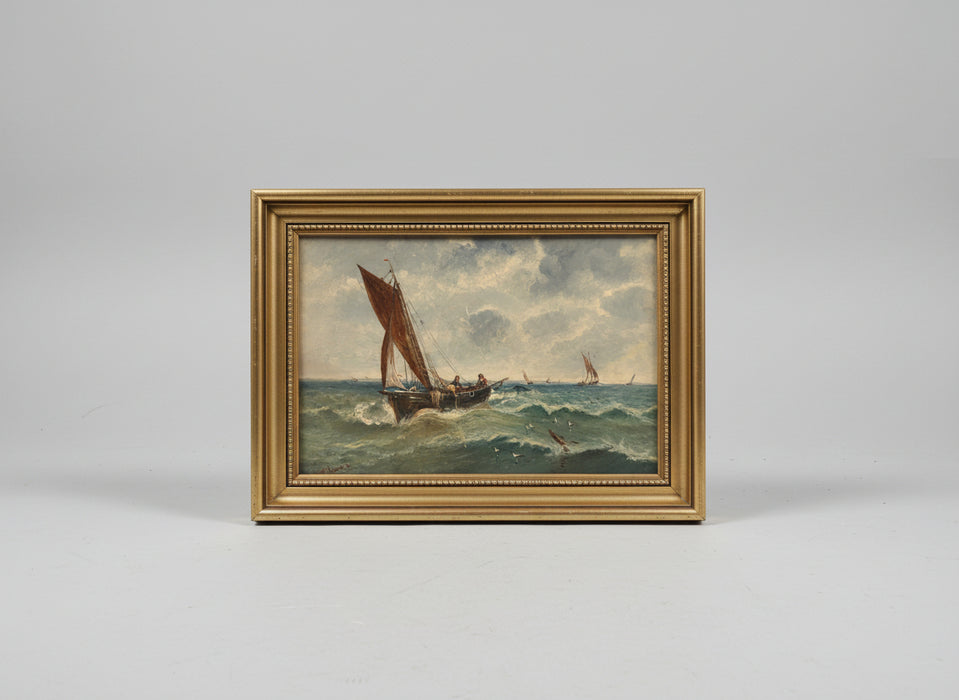 SMALL GOLD FRAMED SHIP AT SEA OIL PAINTING