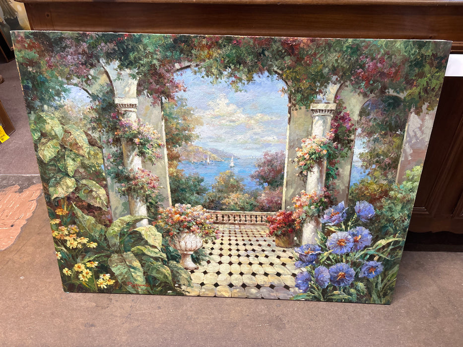 UNFRAMED SPANISH FLORAL PATIO LOOKING OUT TO SEA - SIGNED