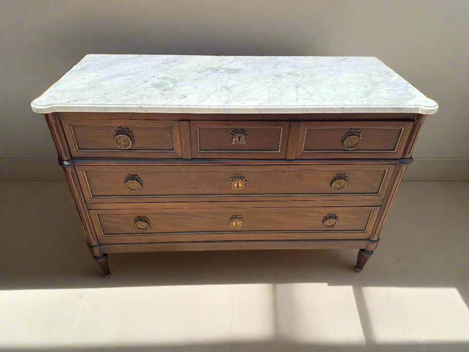 LOUIS XVI WHITE MARBLE TOP 3 DRAWER CHEST WITH RING PULLS