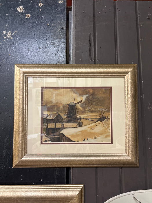FRAMED WATERCOLOR WINTER SCENE WITH WINDMIL