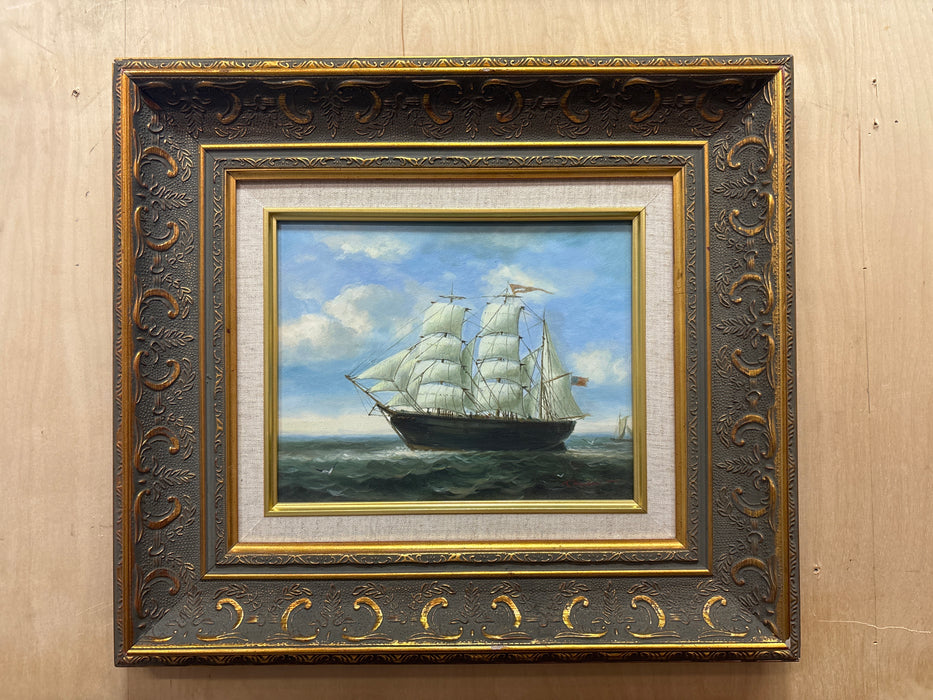 SMALL ORNATE GILT FRAMED OIL PAINTING OF SAIL BOAT AT SEA “HOMEWARD BOUND”  - SIGNED DAWSON