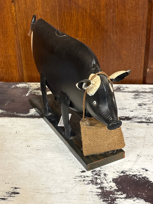 LARGE BLACK TIN PIG BANK WITH WOVEN BAG