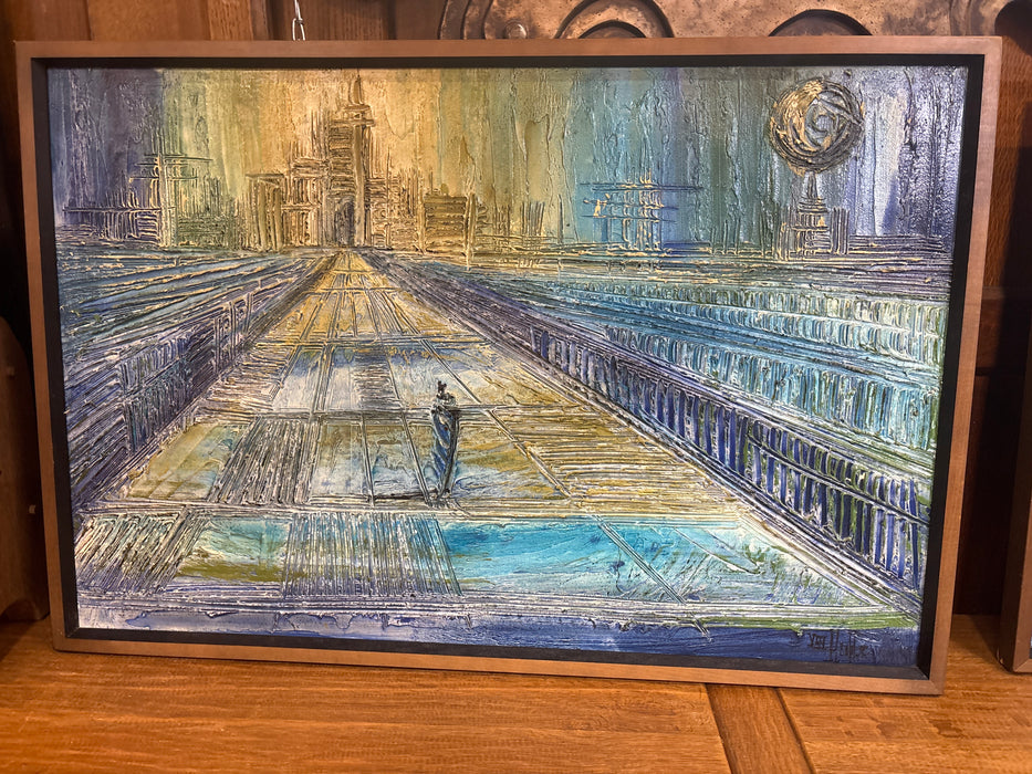 FRAMED MID CENTURY IMPRESSIONIST OIL PAINTING OF CITYSCAPE ON BOARD - SIGNED VAN HOOPLE