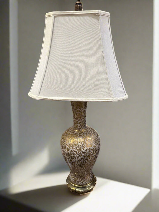 VINTAGE GILT GLASS AND   BRASS TABLE LAMP WITH FLORAL DESIGN