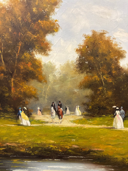DARK GOLD FRAMED OIL ON CANVAS LANDSCAPE PAINTING WITH PEOPLE - SIGNED KALAQUETTE