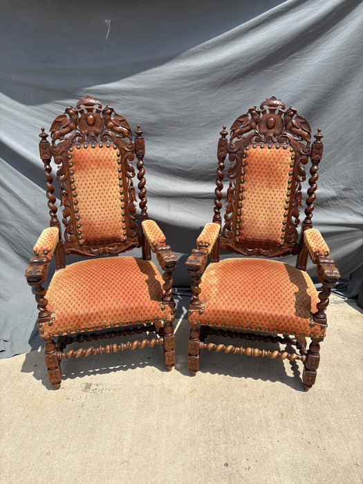 PAIR OF FRENCH BARLEY TWIST OAK ARM CHAIRS WITH ORANGE UPHOLSTERY