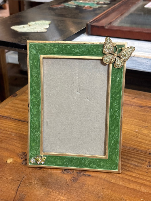 BRASS AND GREEN ENAMELED BUTTERFLY TABLE TOP FRAME