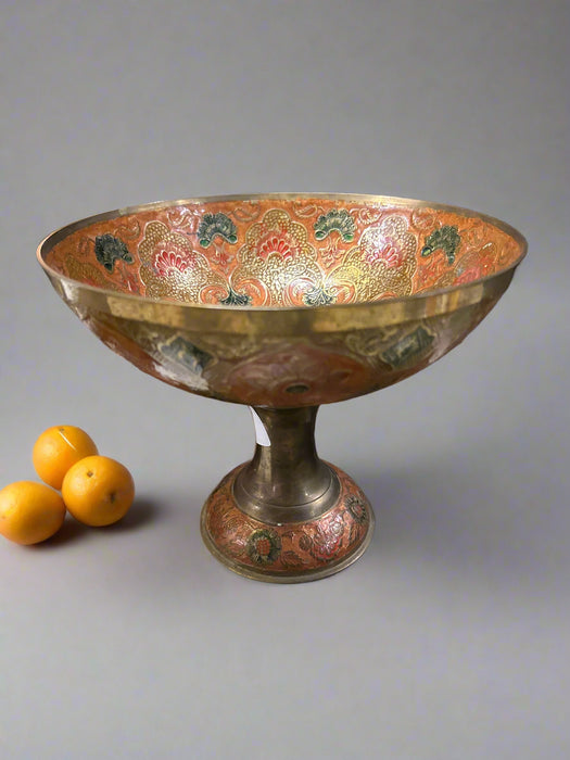 VINTAGE ENAMELED BRASS PEDESTAL BOWL