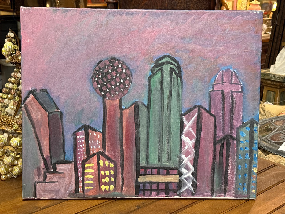 SMALL PAINTED CANVAS OF PURPLE DALLAS SKYLINE