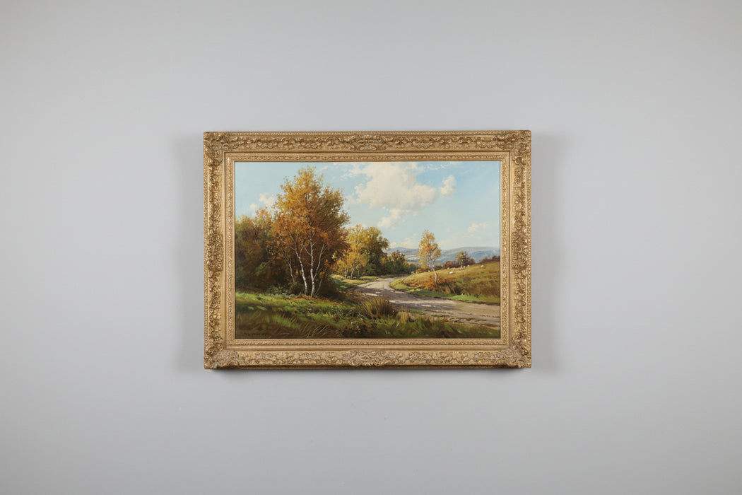 GILT FRAMED OIL PAINTING OF ROADSIDE FOREST WITH SHEEP - SIGNED CHAS, WORCESTER