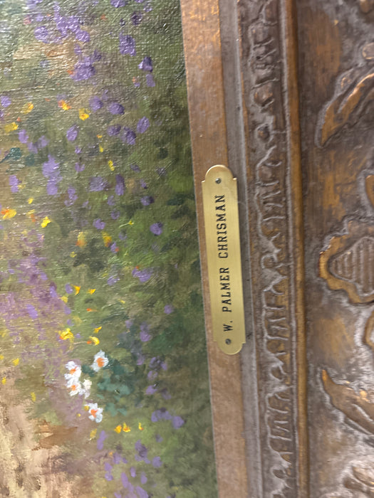 LARGE ORNATE FRAMED LANDSCAPE OIL PAINTING ON CANVAS - SIGNED W. PALMER CHRISMAN