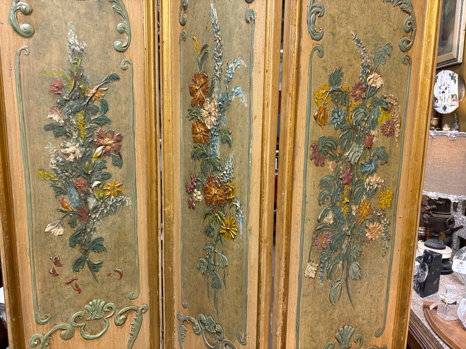 GOLD MID CENTURY 3 PANELED FLORAL SCREEN WITH PEOPLE