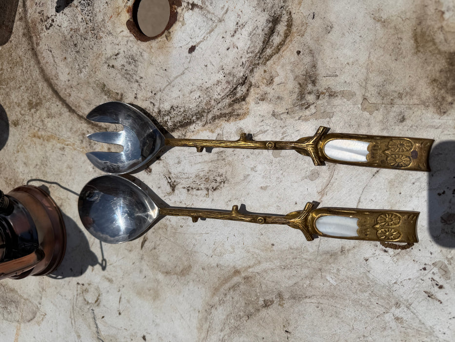 MID CENTURY MODERN OWL BRASS AND METAL SERVING SET  -2 PIECE UTENSILS