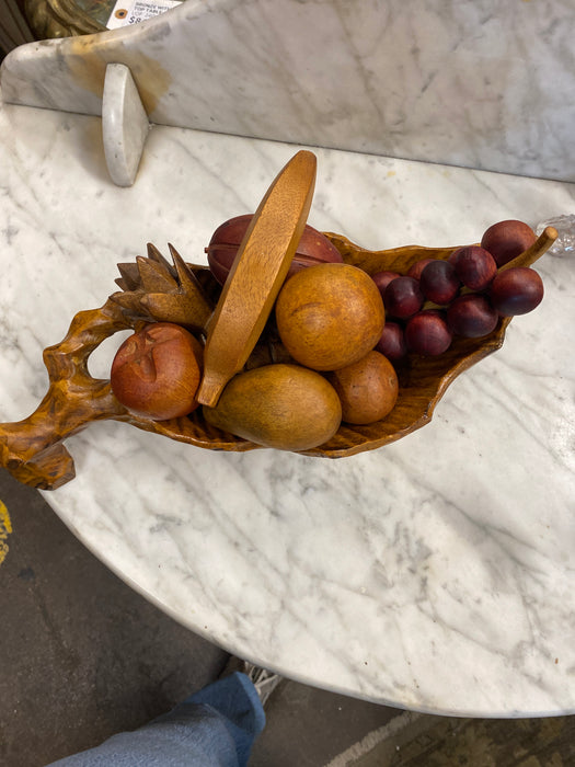 CARVED WOOD BOWL WITH WOOD FRUIT