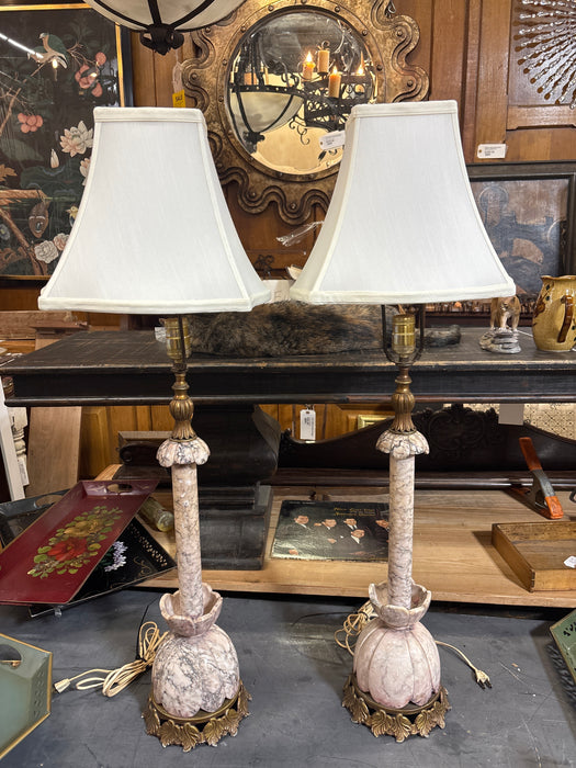 PAIR OF TALL MARBLE LAMPS WITH FOLIATE GOLD BASE AND LINEN SHADES