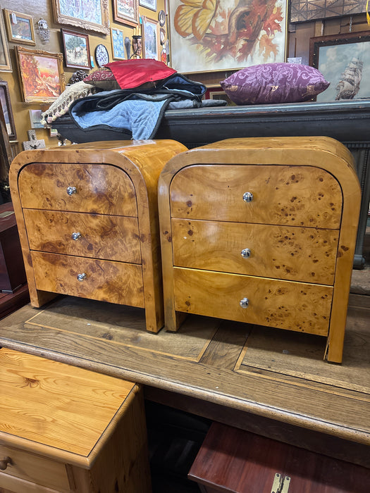 PAIR OF ART DECO BURL WOOD ARCHED TOP SIDE CHESTS