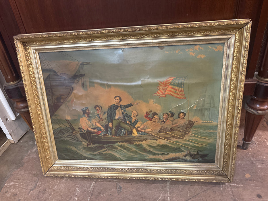 MEDIUM GILT FRAMED 19TH CENTURY PRINT OF AMERICANS SAILORS IN ROW BOAT AS FOUND