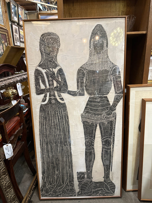 LARGE FRAMED ENGLISH TEMPLE RUBBING OF KNIGHT AND MAIDEN