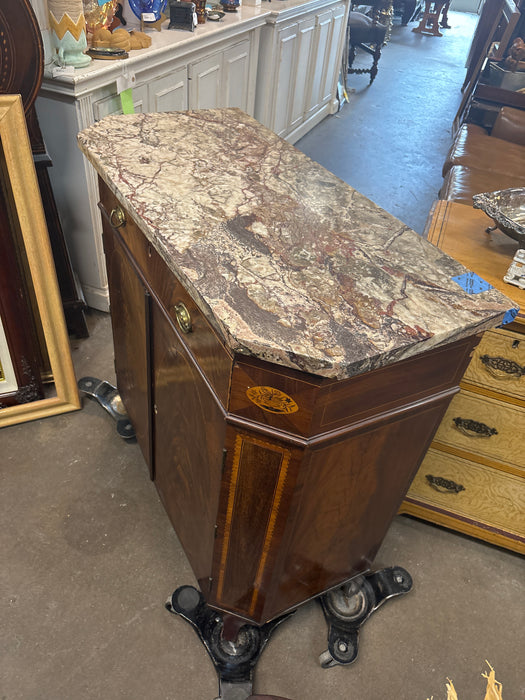 INLAID MAHOGANY MARBLE TOP CABINETS WITH CANTED CORNERS AND DRAWERS - AS FOUND MARBLE CORNER