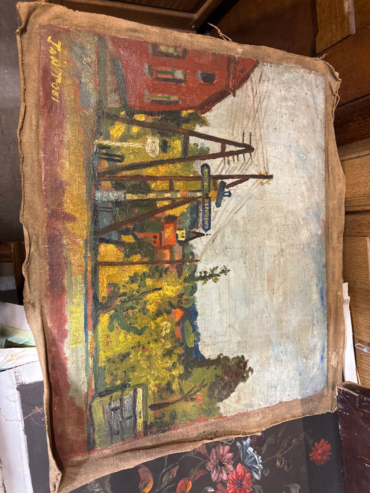 MEDIUM FRAMED OIL PAINTING OF NEIGHBOORHOOD STREET - SIGNED JANTOEL