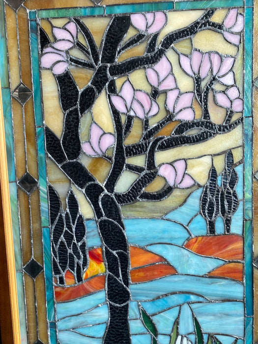 COPPER FOIL STAINED GLASS WINDOW WITH PINK FLOWER TREE