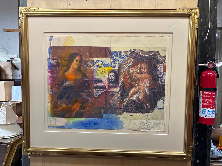 GOLD FRAMED WATERCOLOR AND PENCIL MIXED MEDIA RELIGIOUS PAINTING - SIGNED RENATO ESQUIVEL