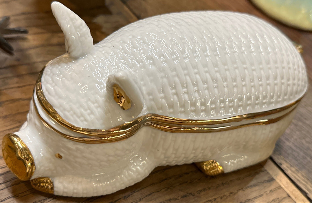 WHITE AND GOLD PORECELAIN PIG BOX MADE IN JAPAN