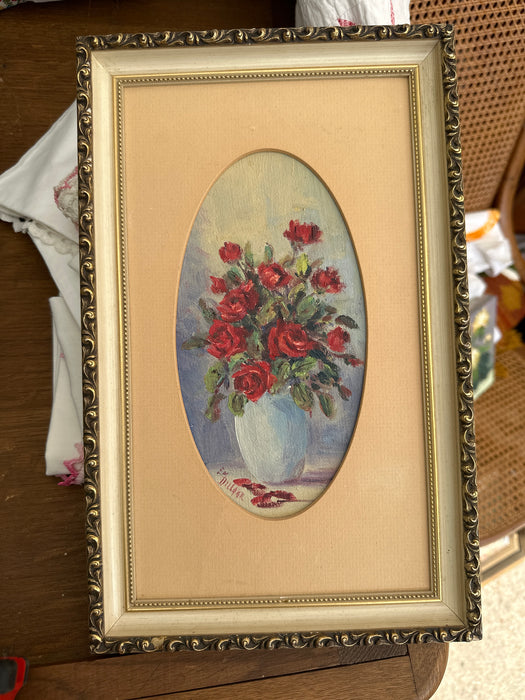SMALL FRAMED OIL PAINTING OF ROSES IN A VASE BY EM DILLARD