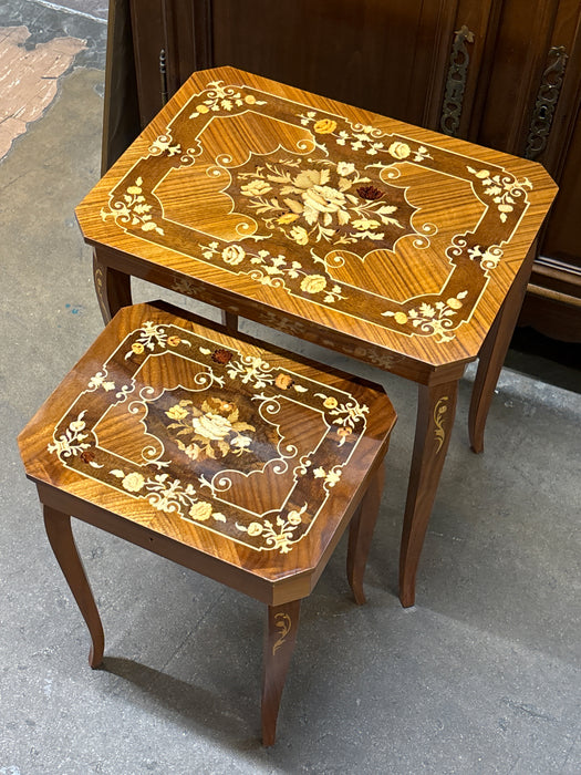 PAIR OF FLORAL ITALIAN NESTING TABLES WITH INLAY