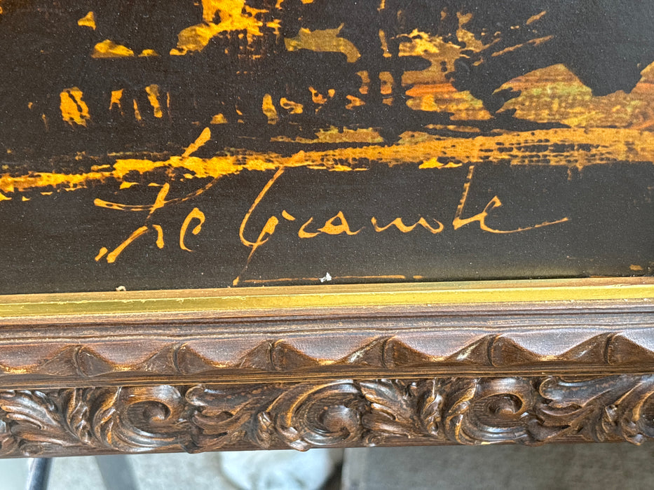 LARGE CARVED WOOD FRAMED PRINT OF RUINS ON BOARD - SIGNED