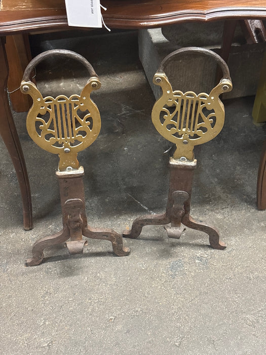 PAIR OF SMALL LYRE ANDIRONS