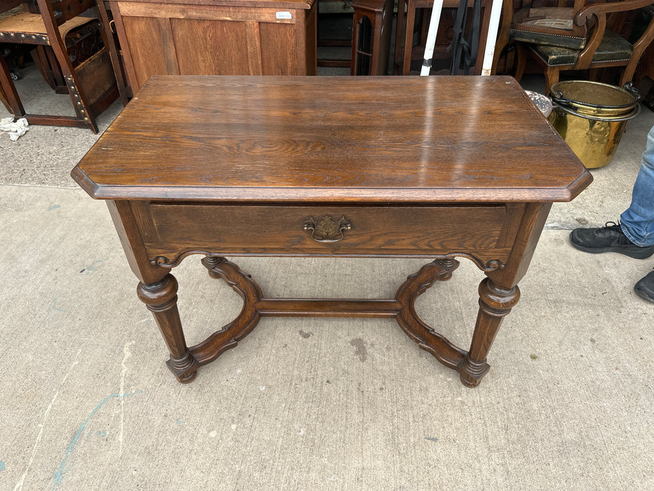 RUSTIC OAK LIBRARY TABLE WITH OCTAGONAL LEGS