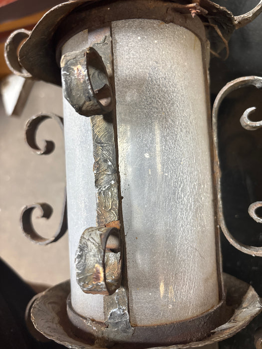 PAIR OF ORNATE OUTDOOR SCONCES WITH CRACKLE GLASS