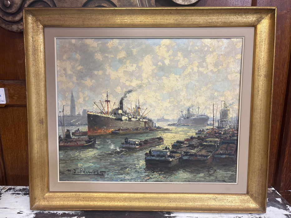 LARGE GILT FRAMED HARBOR PAINTING WITH SHIPS - SIGNED H.J. POWELS