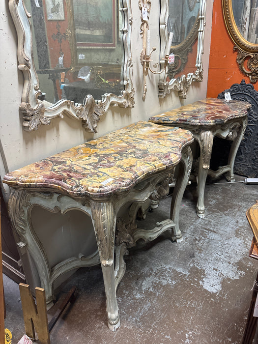 PAIR OF LOUIS XV CARVED MARBLE TOP CONSOLES